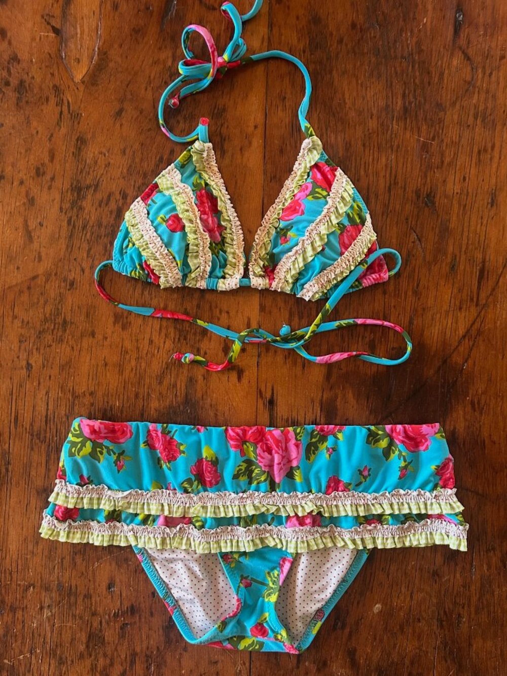 Vintage Betsey Johnson Red Roses floral Print Bikini Set